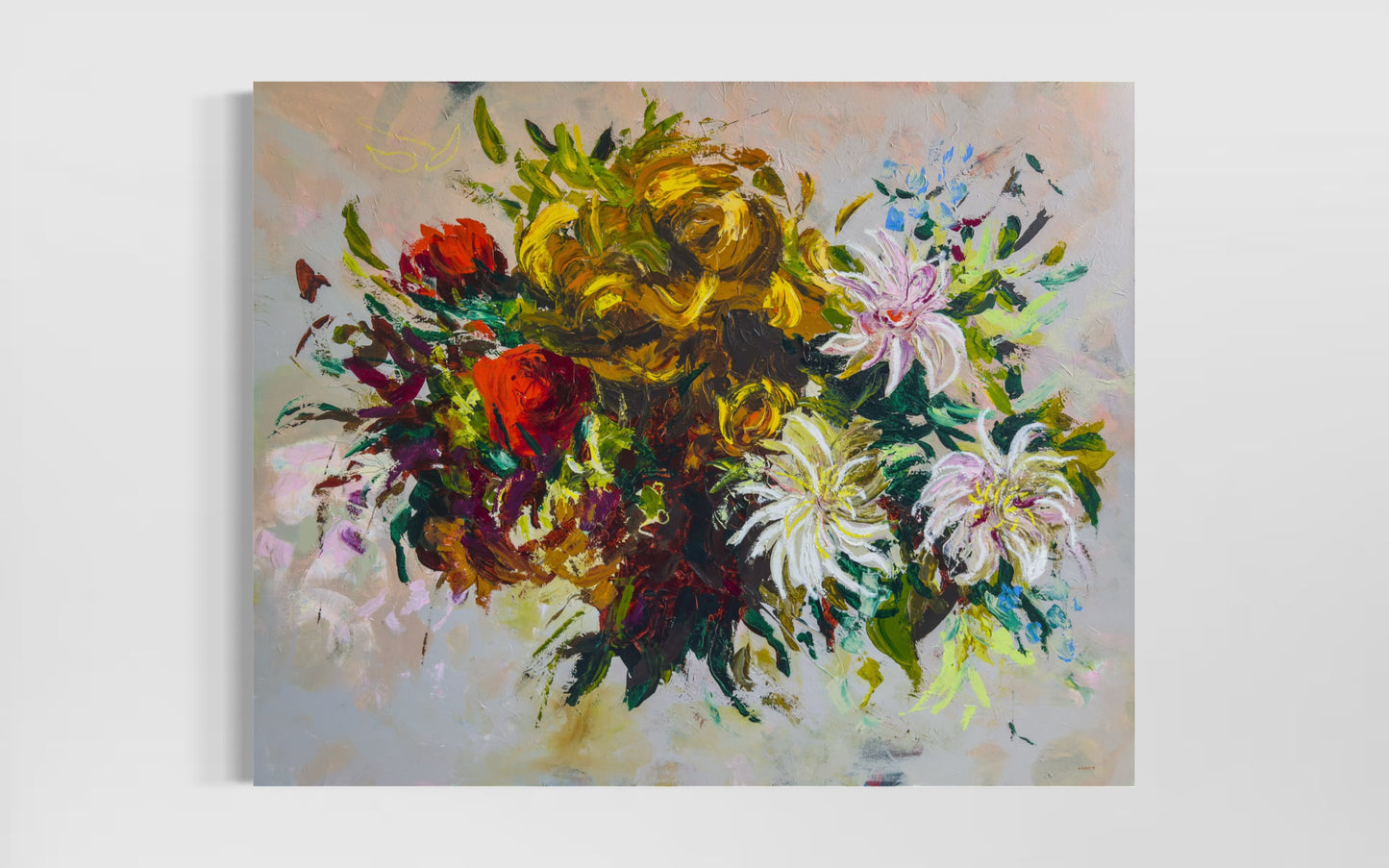 Large horizontal abstract floral painting by New England artist Megan Carty in warm colors and a rustic farmhouse vibe.