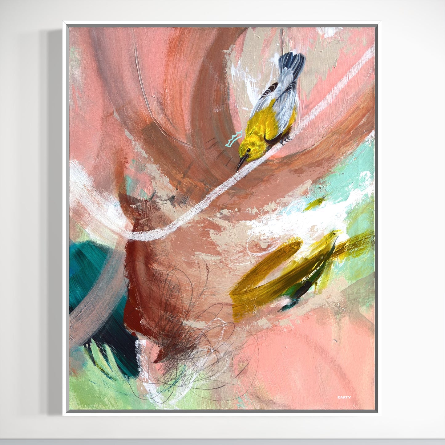 Abstract painting with a yellow bird on a branch against a colorful background painted by New England artist Megan Carty